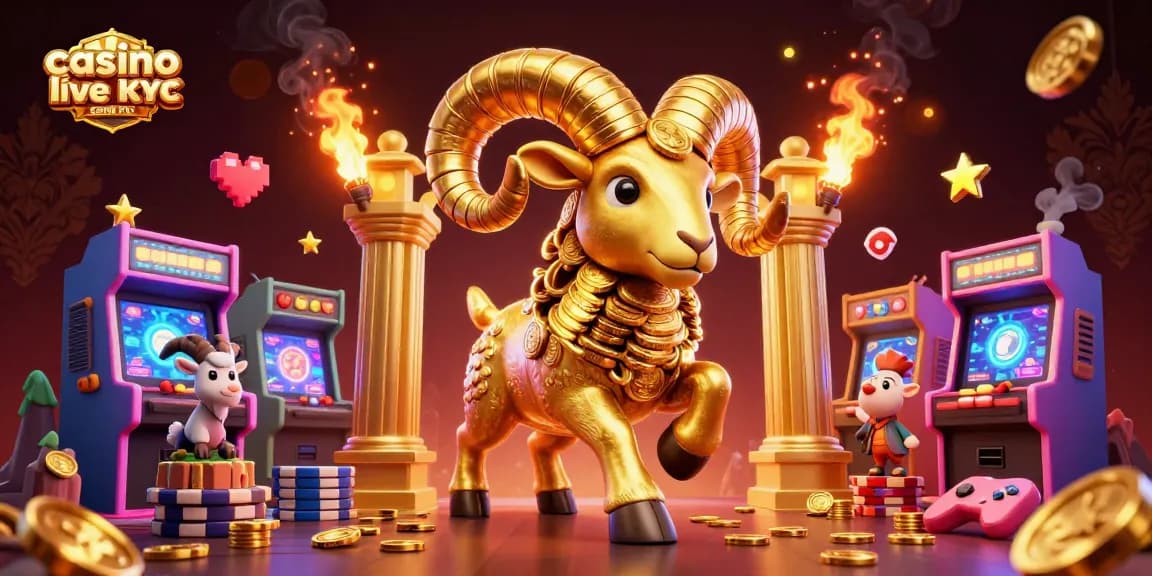 Jouez au casino live sans KYC avec un bélier doré et des machines à sous colorées, ambiance festive.