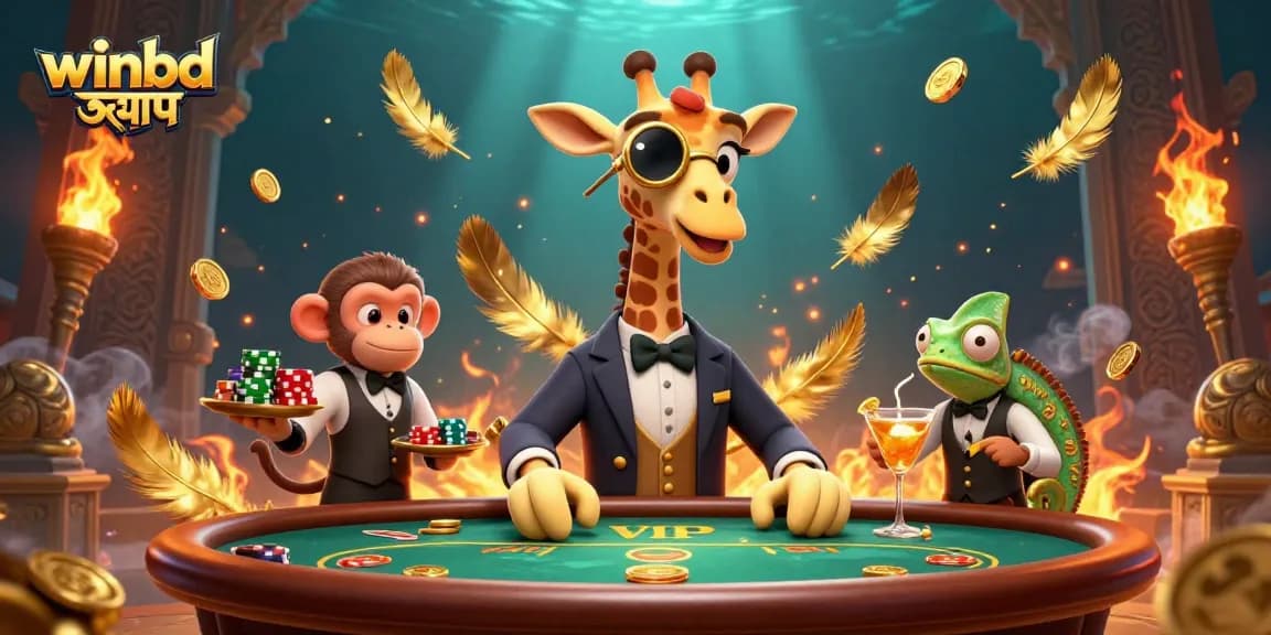 Winbd অ্যাপ showcases vibrant 3D characters in a dynamic casino scene, enhancing gaming excitement.