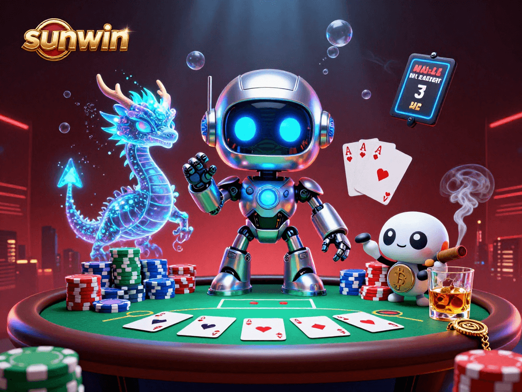 Play poker with sunwin as a cyberpunk robot, dragon, and bitcoin drone in a vibrant casino setting.