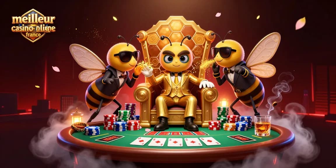 Illustration d'un meilleur casino en ligne France, mettant en scène un patron abeille dans un décor de poker flamboyant.