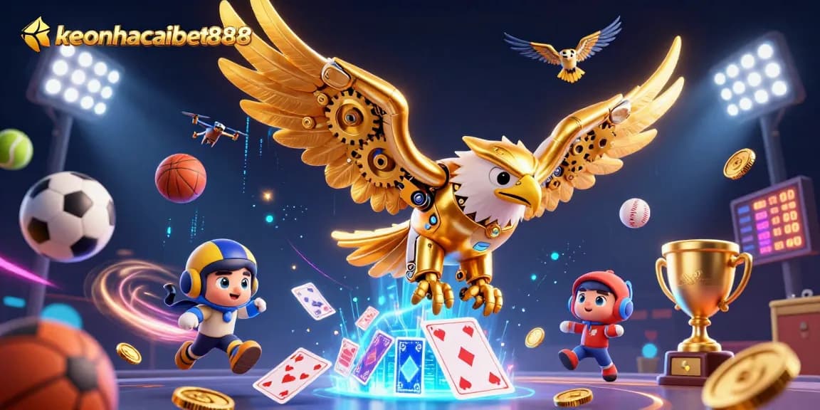 Engage with keonhacaibet888's thrilling sports betting scene featuring dazzling flying sports elements.