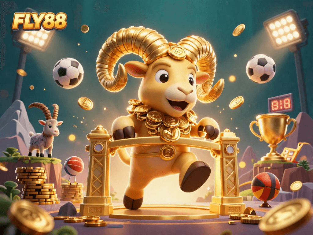 Experience winning with FLY88 as a golden ram charges through a vibrant casino scene.