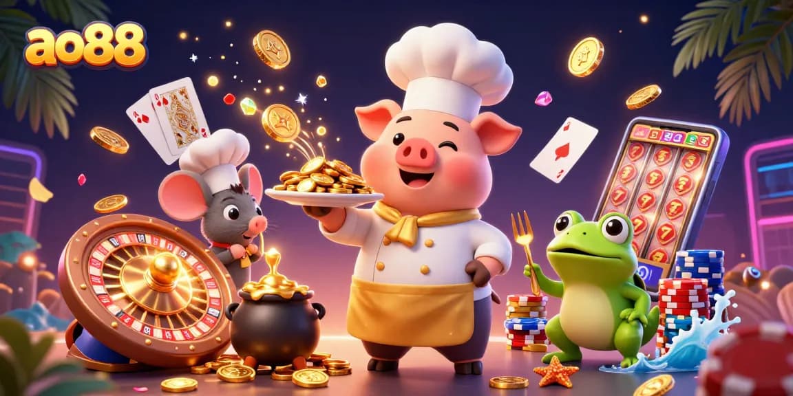 Experience ao88 with gourmet gold coins and vibrant casino elements in a dynamic 3D scene.