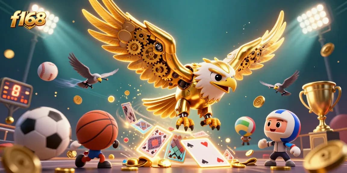 Experience thrilling gaming with f168, featuring a cybernetic eagle and dynamic sports elements in this casino illustration.