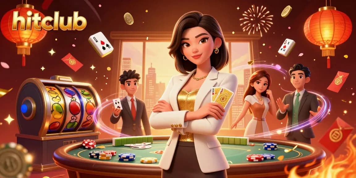 Experience excitement at hitclub with a glamorous casino scene showcasing slot reels and poker essentials