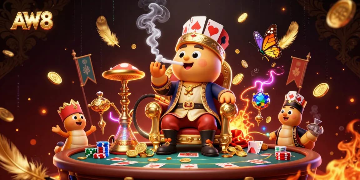 Engage in thrilling poker at AW8 featuring a vibrant, colorful scene of characters and casino elements.