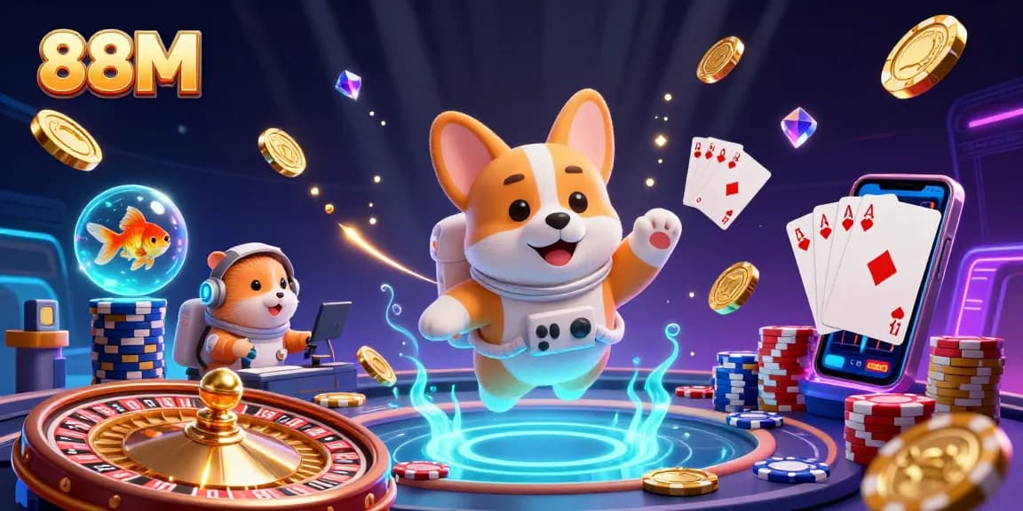 88M's cartoon astronaut corgi navigates a zero-gravity casino filled with neon gambling elements.