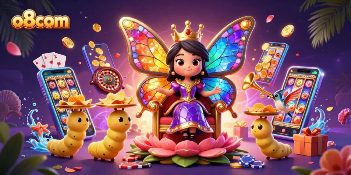 Spin to win with vibrant o8com gaming elements and a whimsical butterfly queen.