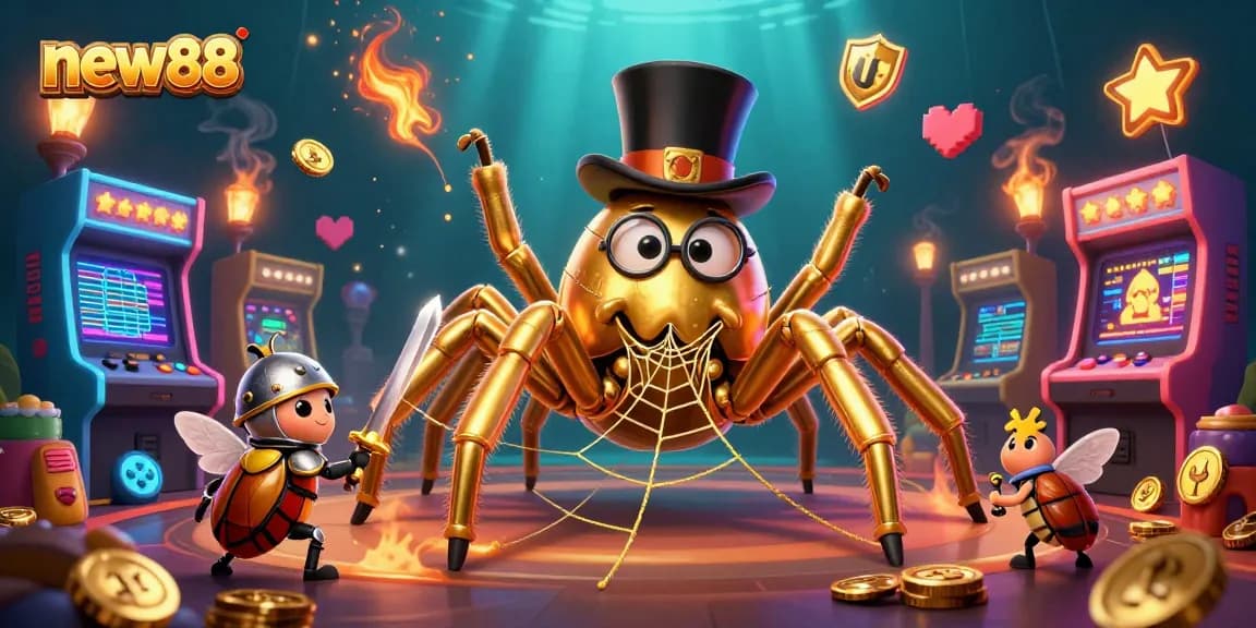 Experience thrilling gameplay at new88 with a golden tarantula and knight in this vibrant casino scene.
