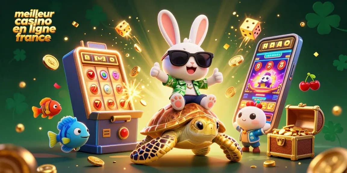 Profitez du meilleur casino en ligne France avec cette illustration 3D colorée d'un lapin chanceux et d'une tortue dorée.
