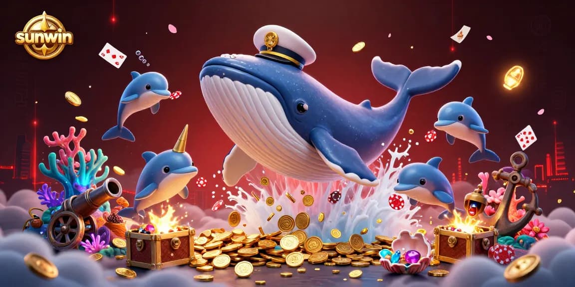 Engage with the vibrant world of sunwin casino featuring a whale, dolphins, and treasures in a 3D illustration.