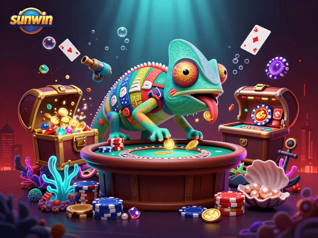 Sunwin casino owner chameleon snaps golden coins with underwater treasures in dynamic scene.