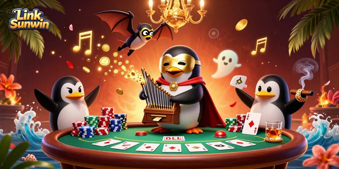 Experience the excitement of Link Sunwin games with a vibrant casino illustration featuring a penguin and bat.