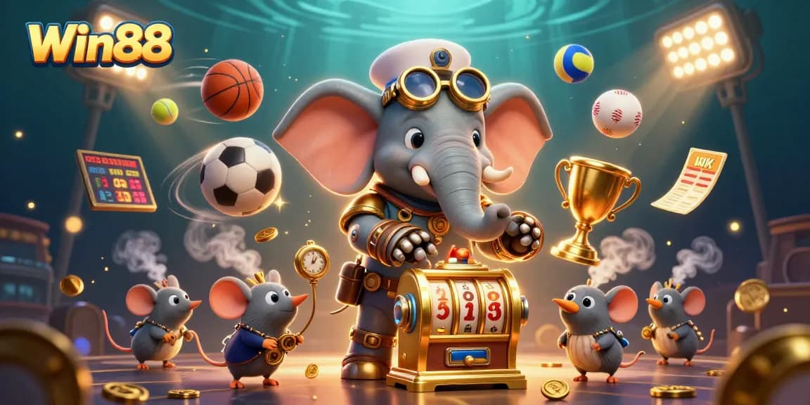 Engage with Win88 as the steampunk elephant engineer operates a golden slot machine amid dynamic sports elements.