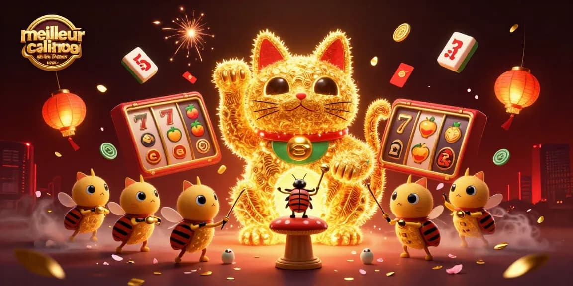 Vivez l'excitation du meilleur casino en ligne France avec un chat porte-bonheur entouré de symboles de chance.