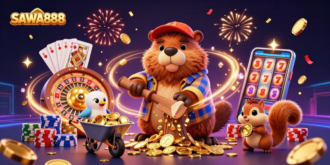 Experience winning with SAWA888 as the beaver collects gold coins in this vibrant casino scene.