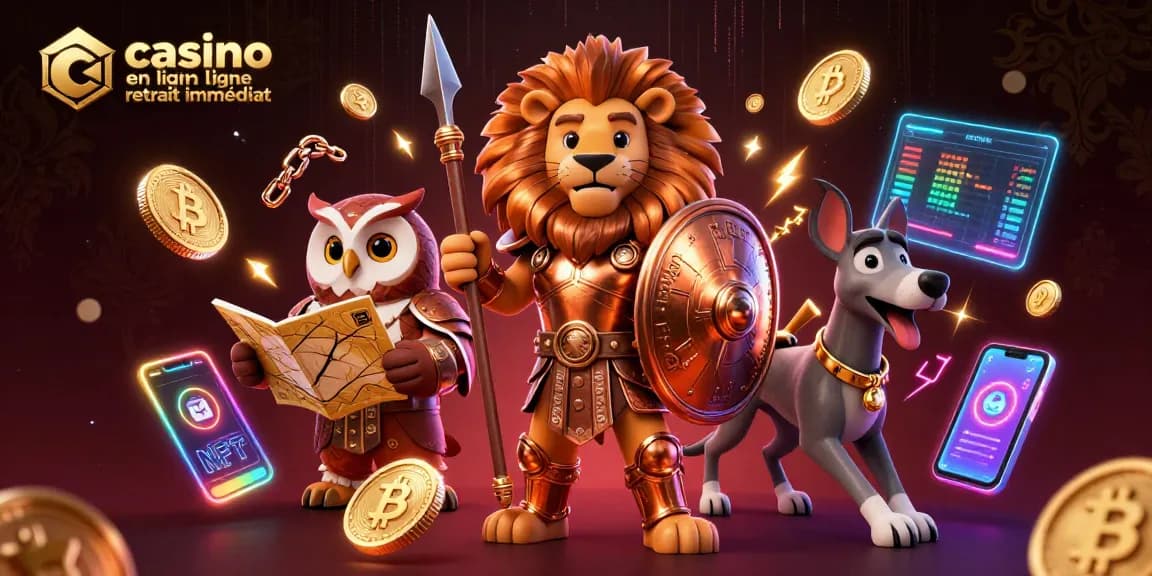 Jeu dynamique avec le casino en ligne retrait immédiat, mettant en scène un lion, un hibou et un greyhound accompagnés de symboles de crypto-monnaie.