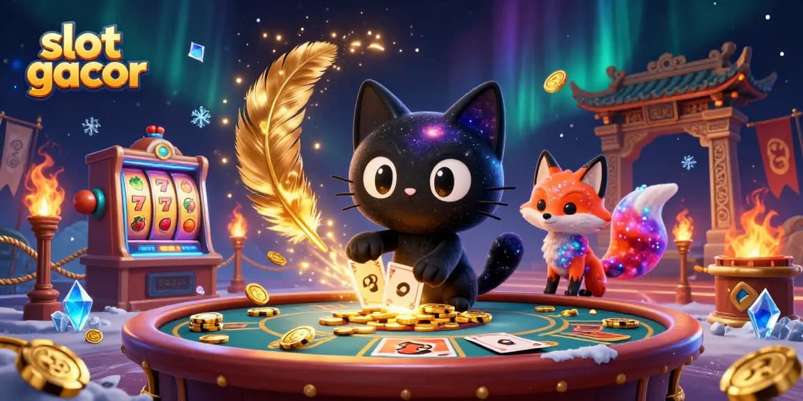 Engaging scene of slot gacor featuring a cartoon black hole cat and galaxy fox at a cosmic casino table.
