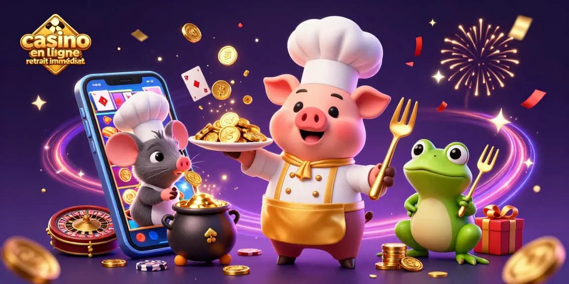 Profitez du casino en ligne retrait immédiat avec une illustration dynamique de jeux et personnages colorés.