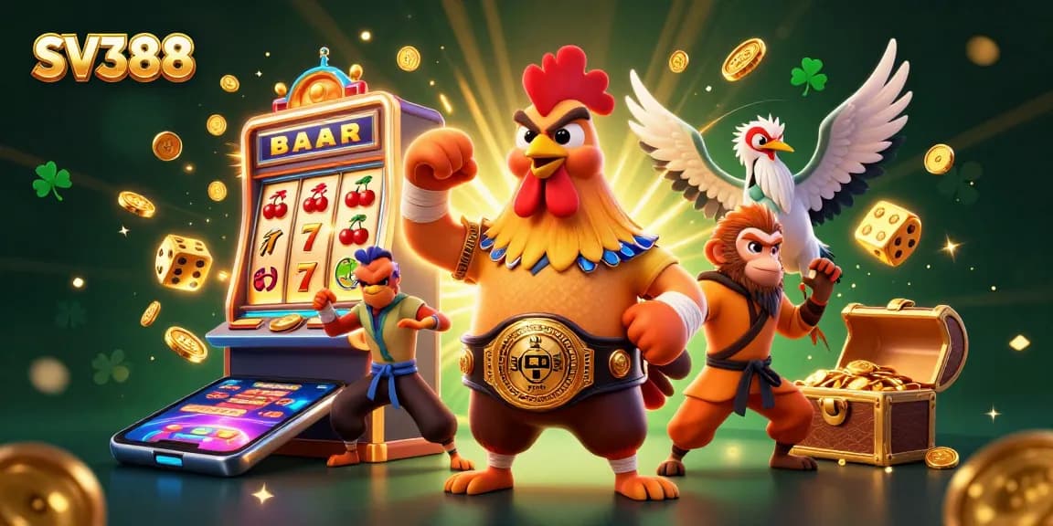 SV388 immerses players in an exhilarating cockfighting experience with a dynamic illustration of a champion rooster and martial artists amidst casino excitement.