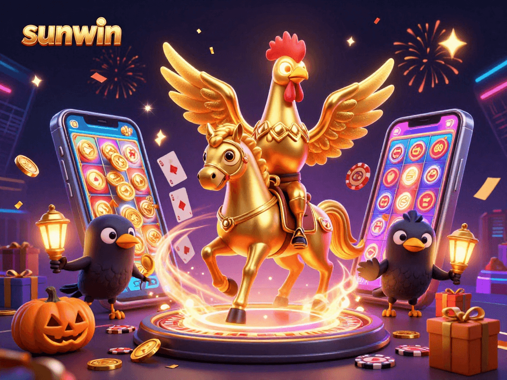 Spin the reels with sunwin's animated golden rooster and festive casino elements.