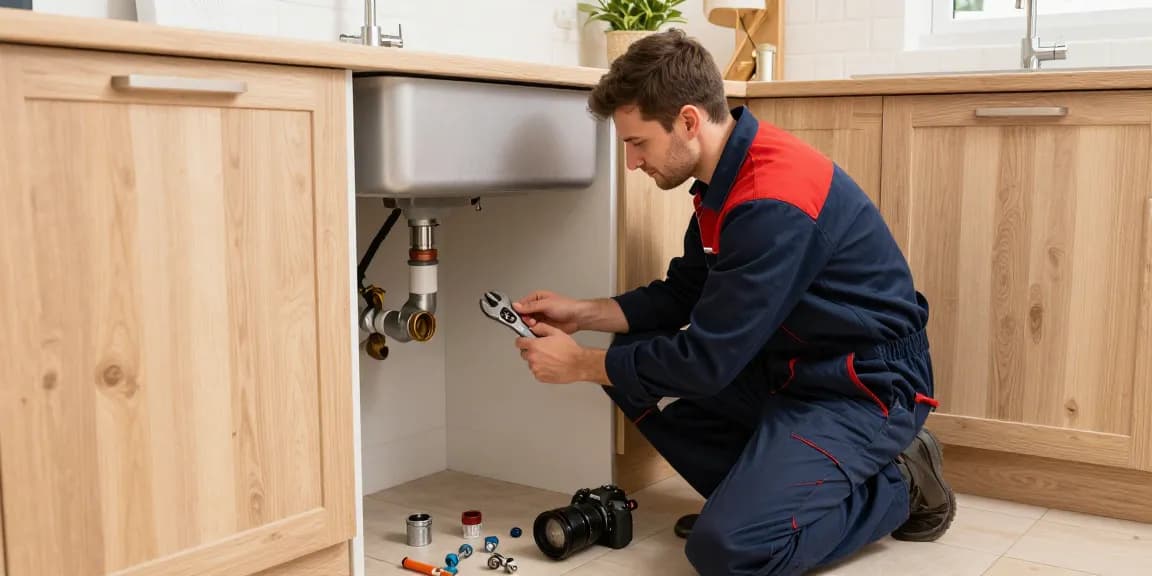 Experienced Stevenage plumber repairing kitchen sink with tools and fittings in a bright, modern setting.