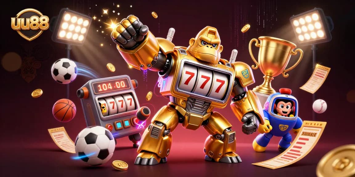 Experience thrilling games at uu88 with an action-packed casino illustration featuring a golden mech.