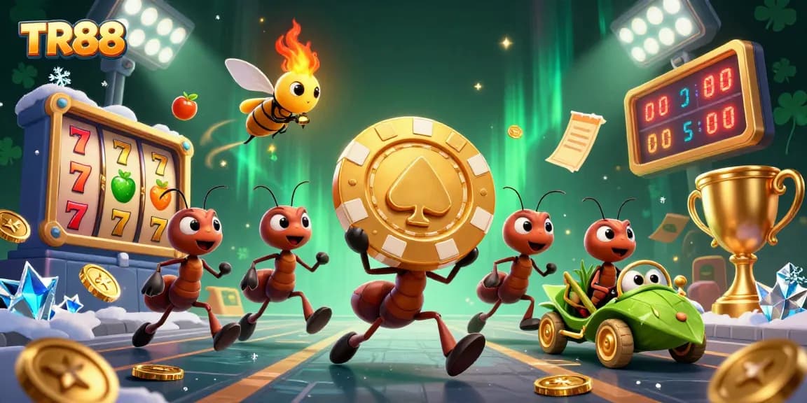 TR88 ants plot a heist, carrying a giant golden poker chip amidst slot game symbols and gold coins.
