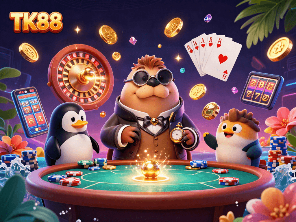 TK88 showcases a vibrant, ultra-detailed 3D illustration of a poker scene in a casino underwater setting.