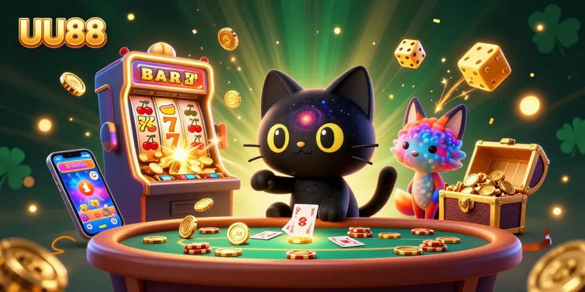 UU88 showcases an exciting cosmic casino scene with a black hole cat and nebula fox pulling in golden chips and game elements.
