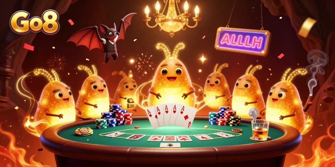 Engage with Go8's vibrant bioluminescent casino scene, featuring poker thrills and dynamic gameplay.