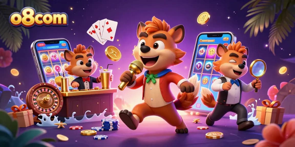Experience exciting gameplay at o8com with lively casino characters in a vibrant 3D scene.