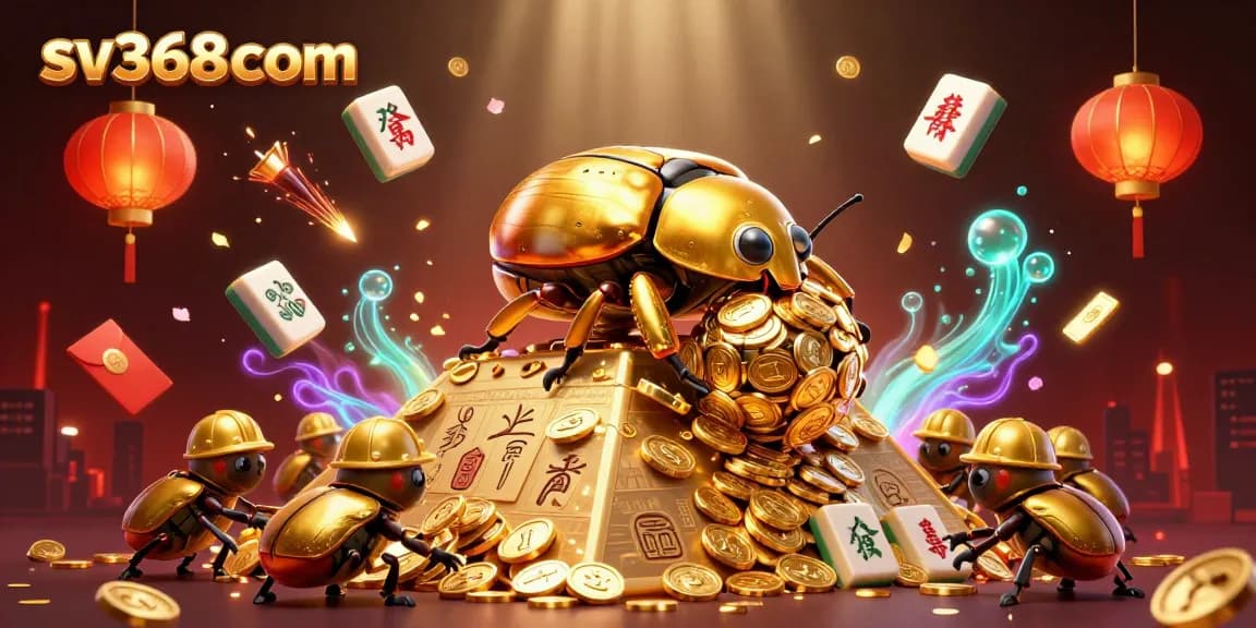 Experience thrilling casino action with sv368com: a dynamic scene of golden dung beetles and casino symbols.