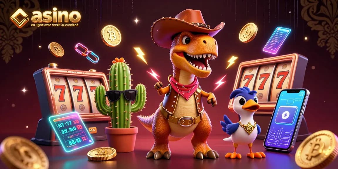 Casino en ligne avec retrait instantané : Illustration dynamique d'un T-Rex cow-boy entouré de jeux et de cryptomonnaies.