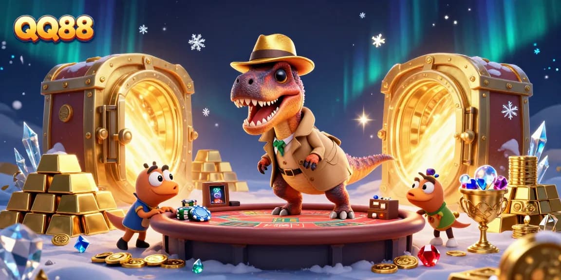 Experience the thrill of QQ88 with a cartoon velociraptor card counter sneaking at a blackjack table, surrounded by treasures.
