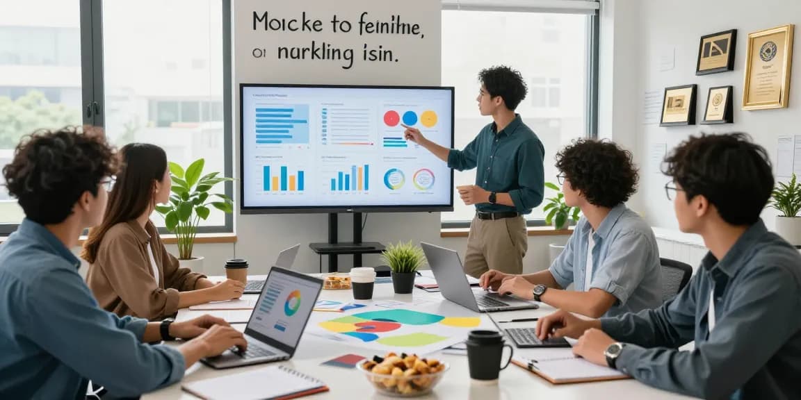 Team of marketers in a bright office discussing strategies for rokok 88 marketing.