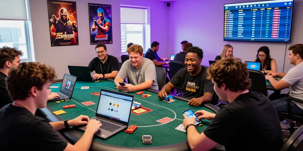 Engaging scene of diverse players enjoying online card games at JuraganQQ in a vibrant gaming environment.