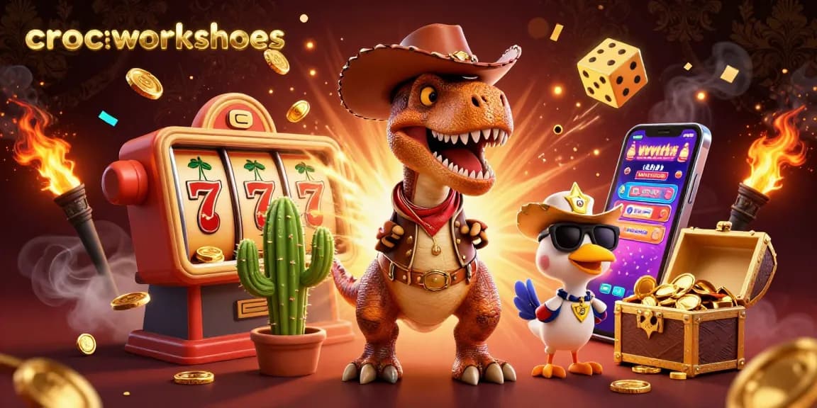 Spin for jackpots with crocsworkshoes in a vibrant, whimsical casino scene featuring a T-Rex and party elements.