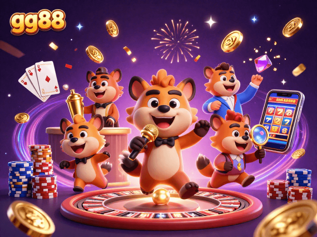 Experience big wins at gg88 with engaging cartoon hyenas in a vibrant casino setting.