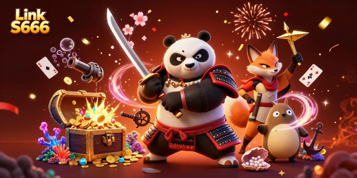 Experience Link S666 with 3D samurai panda and ninja fox amidst treasure and casino elements.