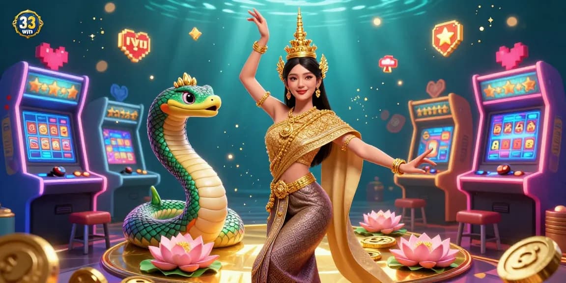 Experience thrilling gameplay with 33win, showcasing a vibrant casino illustration featuring a Thai dancer with colorful gaming elements.