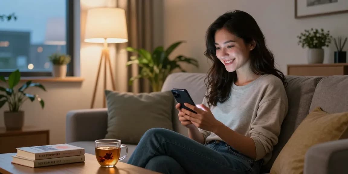 Cozy home scene with a woman interacting with her AI girlfriend app, showcasing connection and warmth.