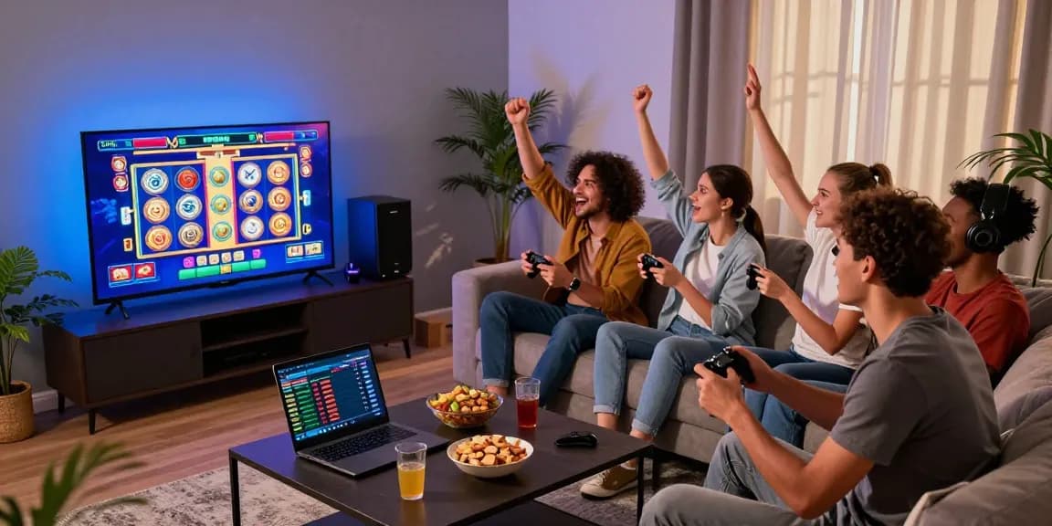 Exciting gaming night with friends enjoying slot77 online on their TV.