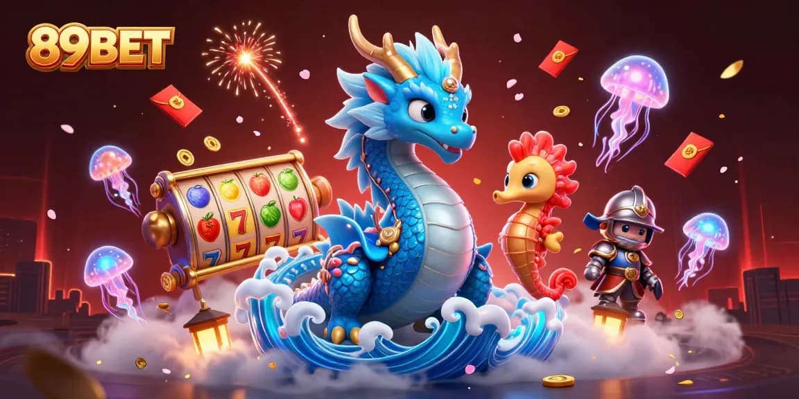 Experience the interactive world of 89BET with vibrant slot symbols, a water dragon, and underwater knights.