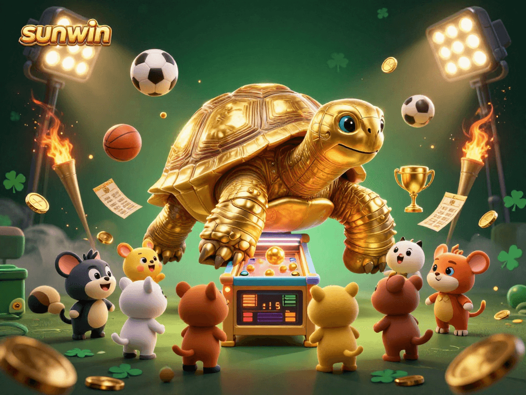 Experience thrilling gameplay with sunwin's colossal golden tortoise pinball machine surrounded by dynamic sports elements.