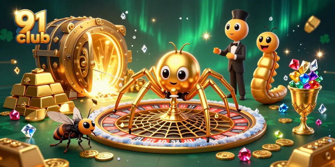 Spin the roulette wheel with 91 Club's golden spider as the croupier in a vibrant casino scene.