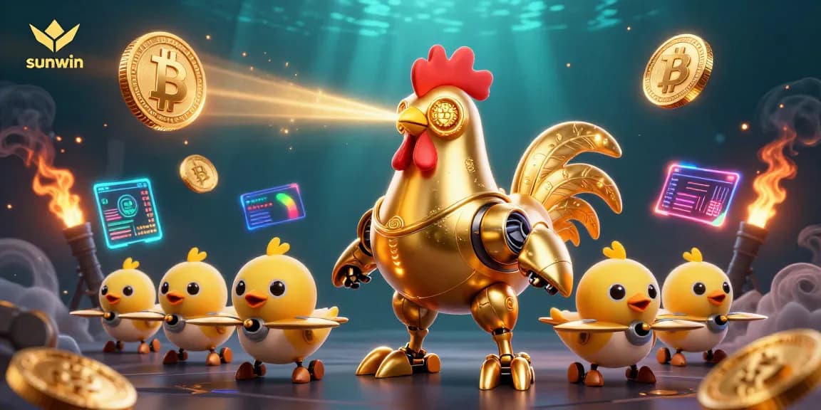 Join the excitement with sunwin as the golden rooster robot leads a gambling adventure filled with crypto elements.