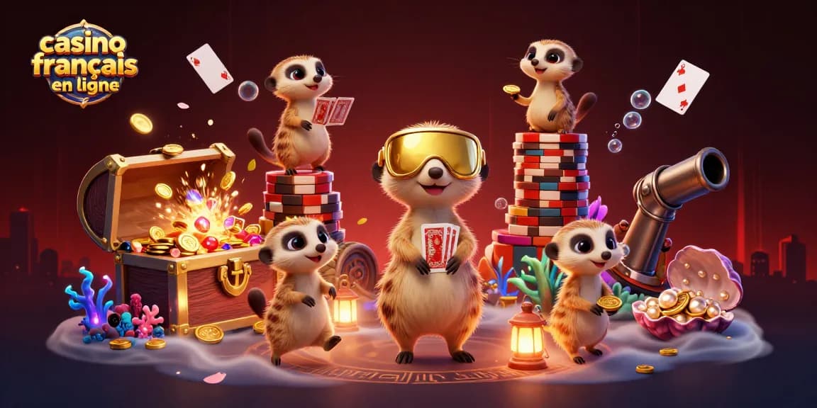 Profitez de l'expérience immersive du casino français en ligne avec des suricates gérants et clients dans une scène animée.