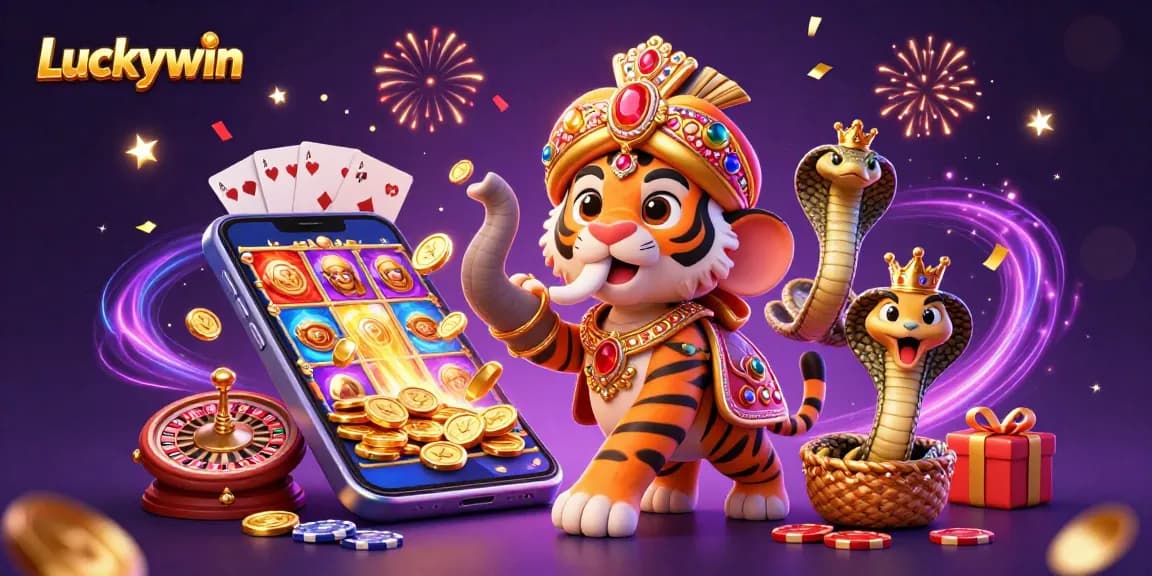 Experience the Luckywin thrill with a vibrant casino illustration featuring dynamic characters and games.