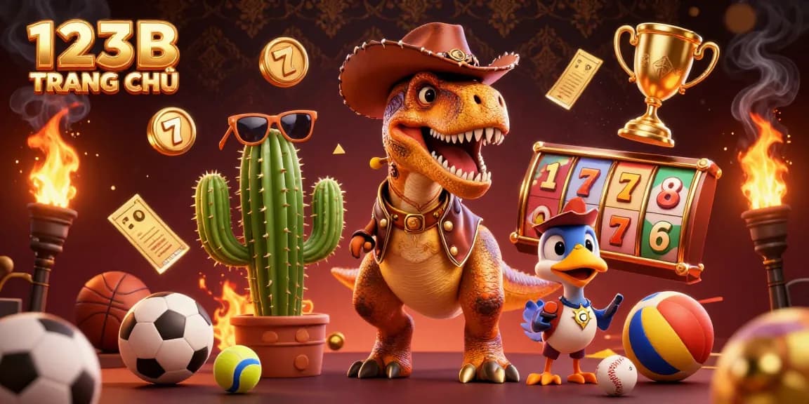 Engage with the lively 123B TRANG CHỦ casino scene featuring a cowboy dinosaur and dynamic gaming elements.